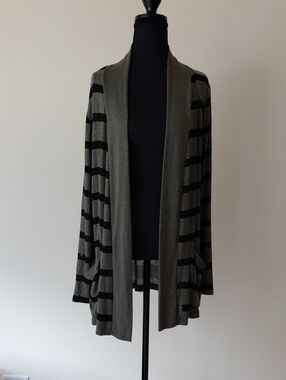 Open-Front Olive and Black Striped Women's Cardigan